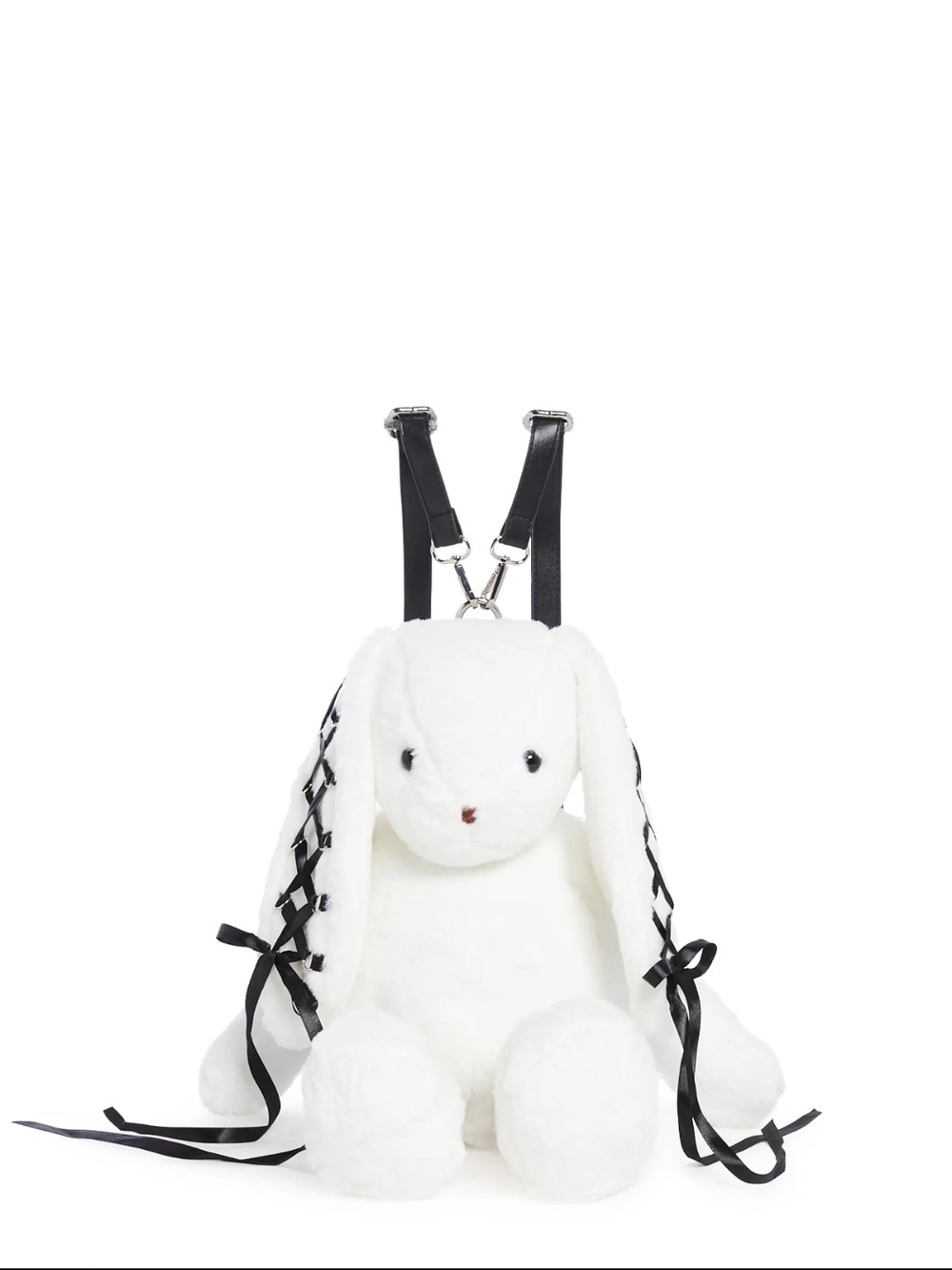 White Bunny Plush Backpack with Black Ribbon Details